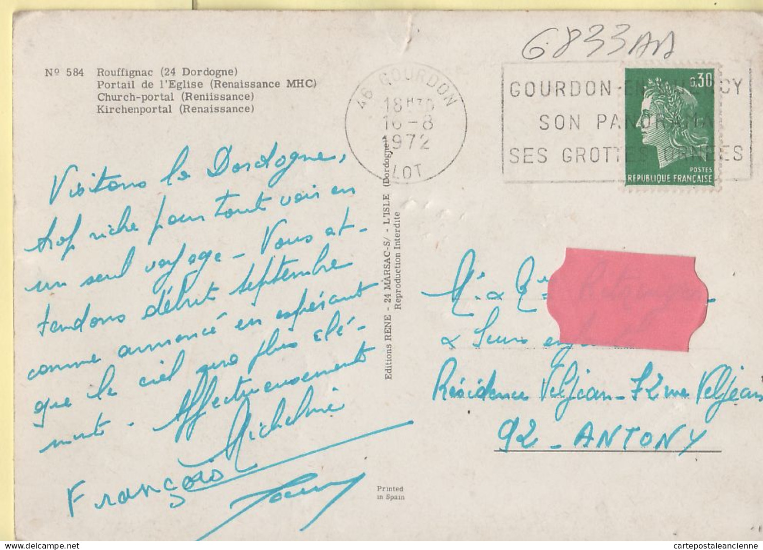 01314 / ROUFFIGNAC Dordogne Portail Eglise Flamme Poste GOURDON QUERCY 16.08.1972 - RENE 584 - Other & Unclassified