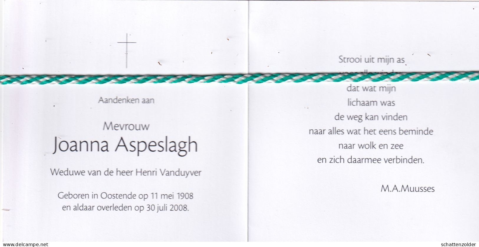 Joanna Aspeslagh-Vanduyver, Oostende 1908, 2008. Honderdjarige. Foto - Obituary Notices