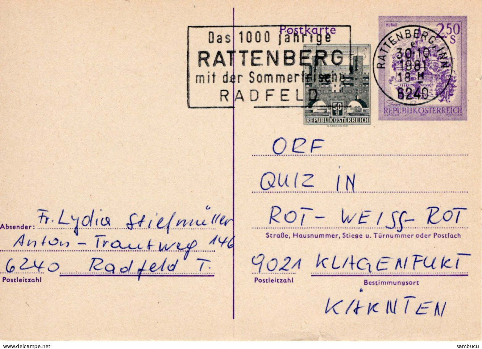 Postkarte ÖS 2,50 + 0,50 Von Rattenberg 1981 - Andere & Zonder Classificatie