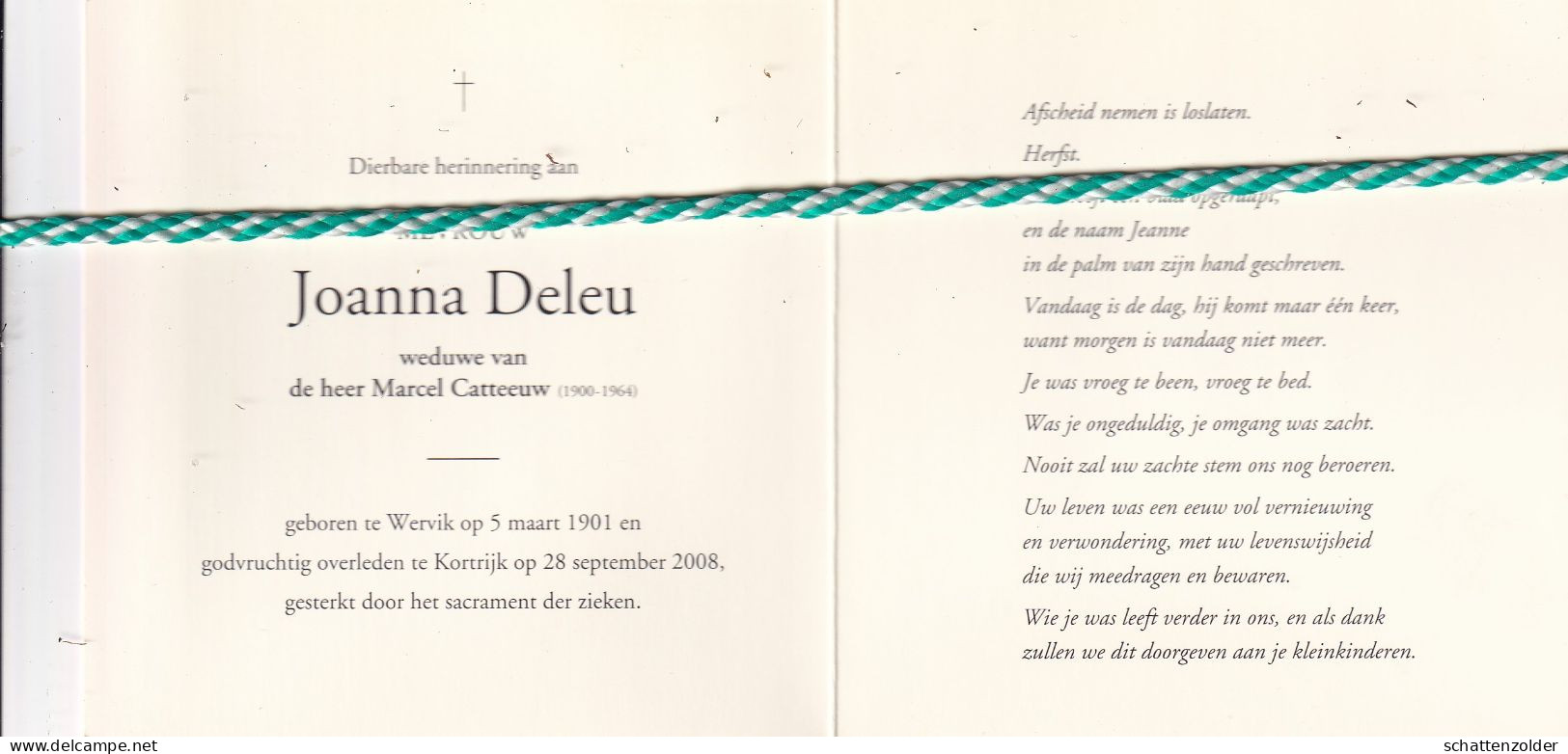 Joanna Deleu-Catteeuw, Wervik 1901, Kortrijk 2008. Honderdjarige. Foto - Obituary Notices