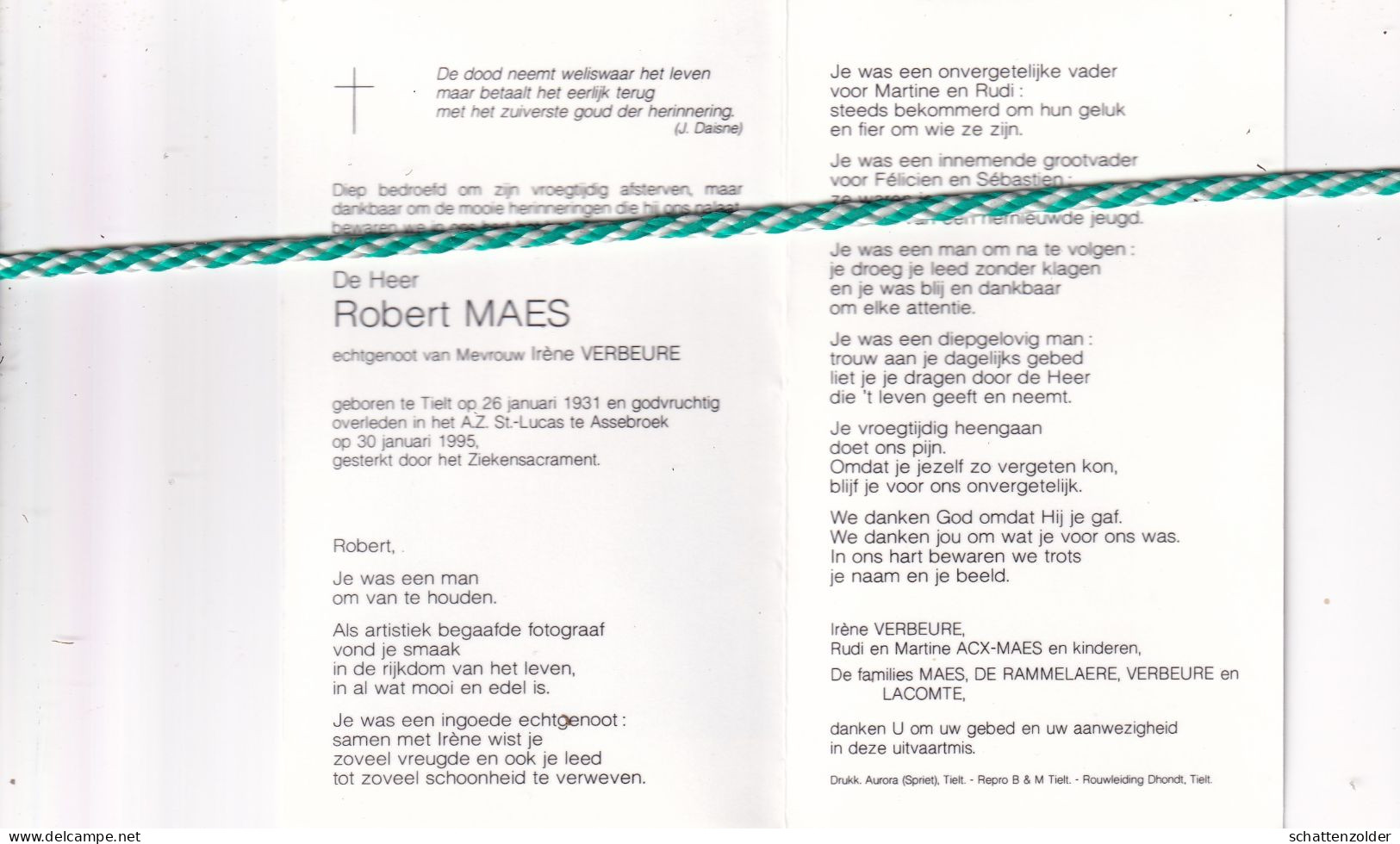 Robert Maes-Verbeure, Tielt 1931, Assebroek 1995. Foto - Obituary Notices