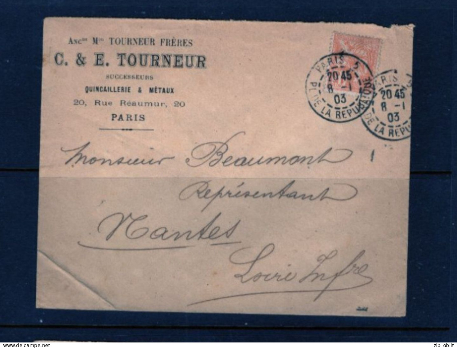 (ALM)  FRANCE LETTRE 1903 PARIS 5 REPUBLIQUE TOURNEUR METAUX QUINCAILLERIE BEAUMUR BEAUMONT NANTES - Handstempels