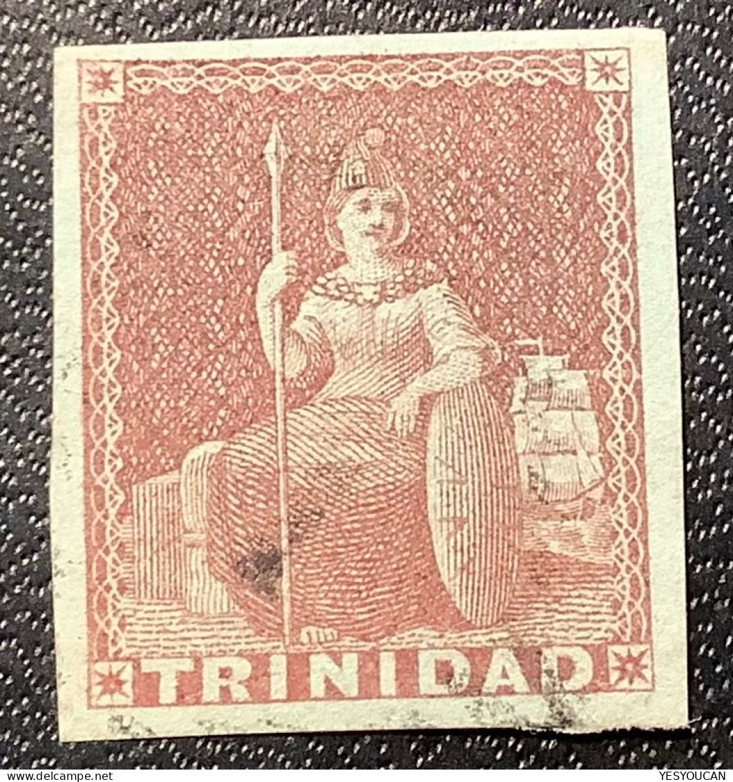 Trinidad SG 2 XF Used Gem, Ex Besançon Coll. 1851-55 Perkins Bacon (1d) Purple-brown On Blued Paper (BWI British Empire - Trinidad En Tobago (...-1961)