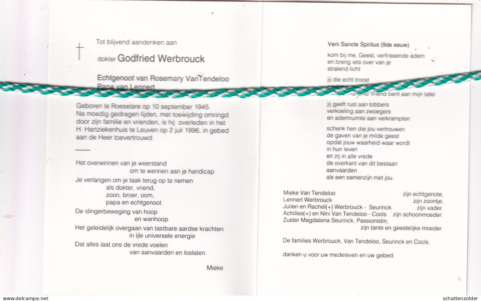 Dokter Godfried Werbrouck-Van Tendeloo, Roeselare 1945, Leuven 1996. Foto - Décès