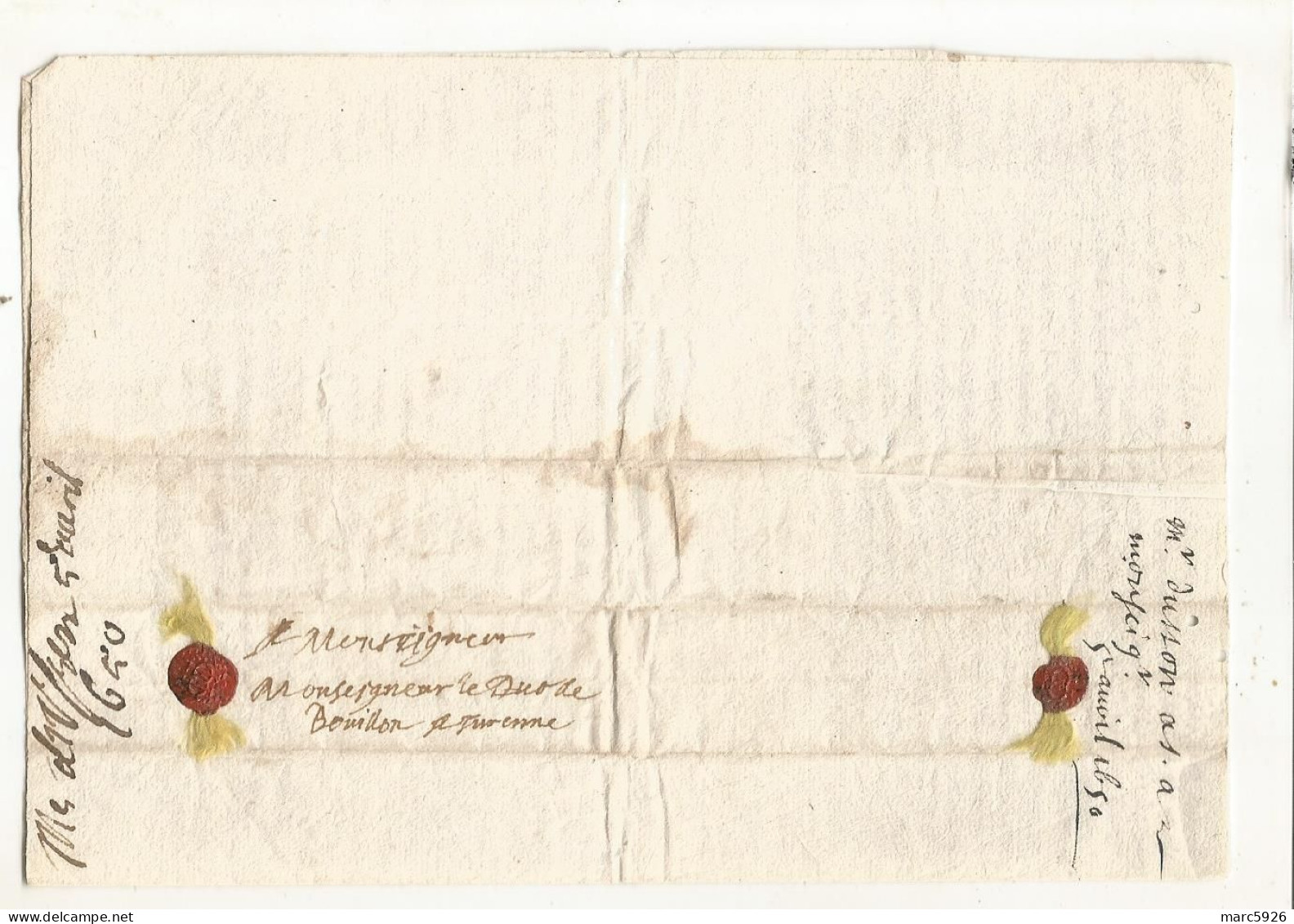 N°2036 ANCIENNE LETTRE AU DUC DE BOUILLON A TURENNE AVEC CACHET DE CIRE ET RUBAN DATE 1650 - Historische Documenten