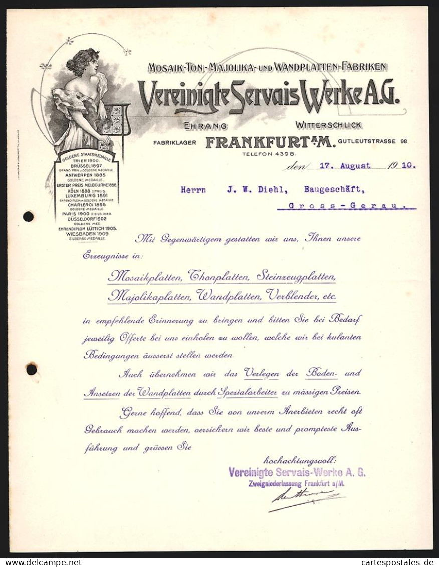 Rechnung Frankfurt A. M. 1910, Vereinigte Servais Werke AG, Wandplatten- Und Mosaik-Fabriken, Frau Mit Kleiner Fliese  - Autres & Non Classés