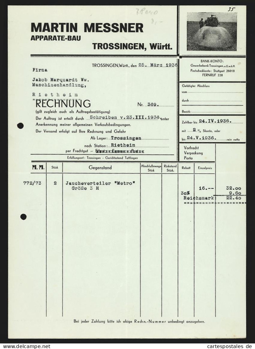 Rechnung Trossingen /Württ. 1936, Martin Massner, Apparate-Bau, Ansicht Eines Produktes In Aktion  - Other & Unclassified