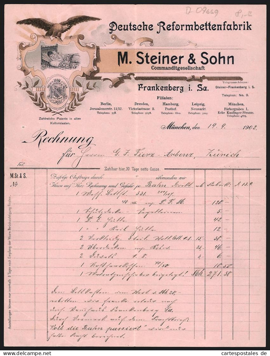 Rechnung München 1902, M. Steiner & Sohn, Deutsche Reformbettenfabrik, Schutzmarke Und Eine Frau Im Bett  - Other & Unclassified