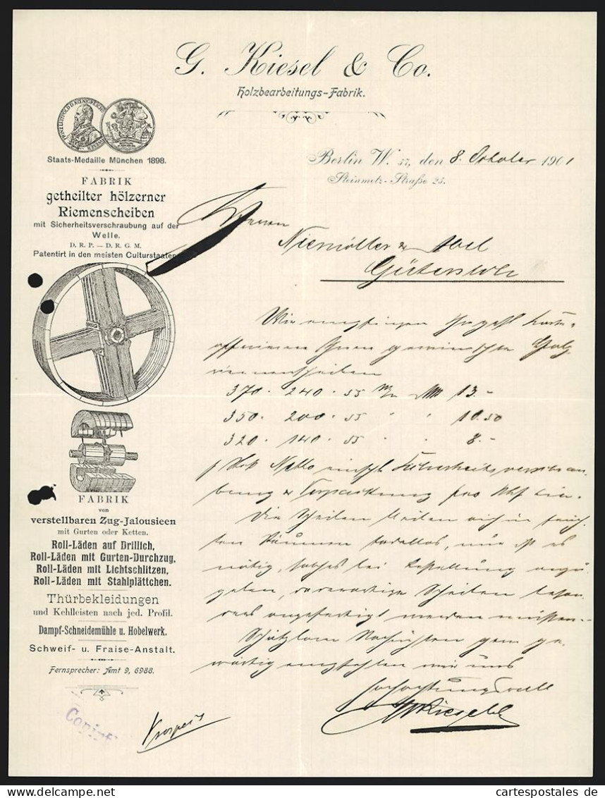 Rechnung Berlin 1901, G. Riesel & Co., Holzbearbeitungs-Fabrik, Ansicht Eines Speichenrades, Preis-Medaillen  - Other & Unclassified