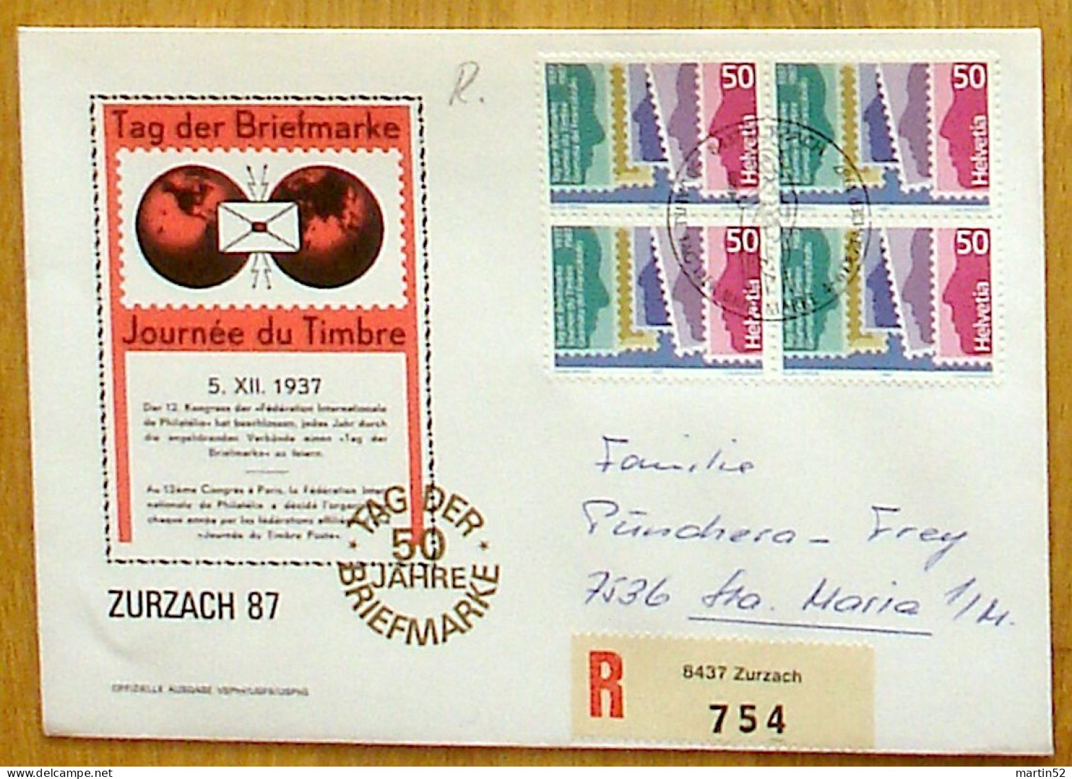 Schweiz Suisse 1987: Zu 751 Mi 1352 Yv 1285 Auf R-Brief Im Block Mit ⊙ ZURZACH 4-6.12.87 "50 JAHRE TAG DER BRIEFMARKE" - Journée Du Timbre