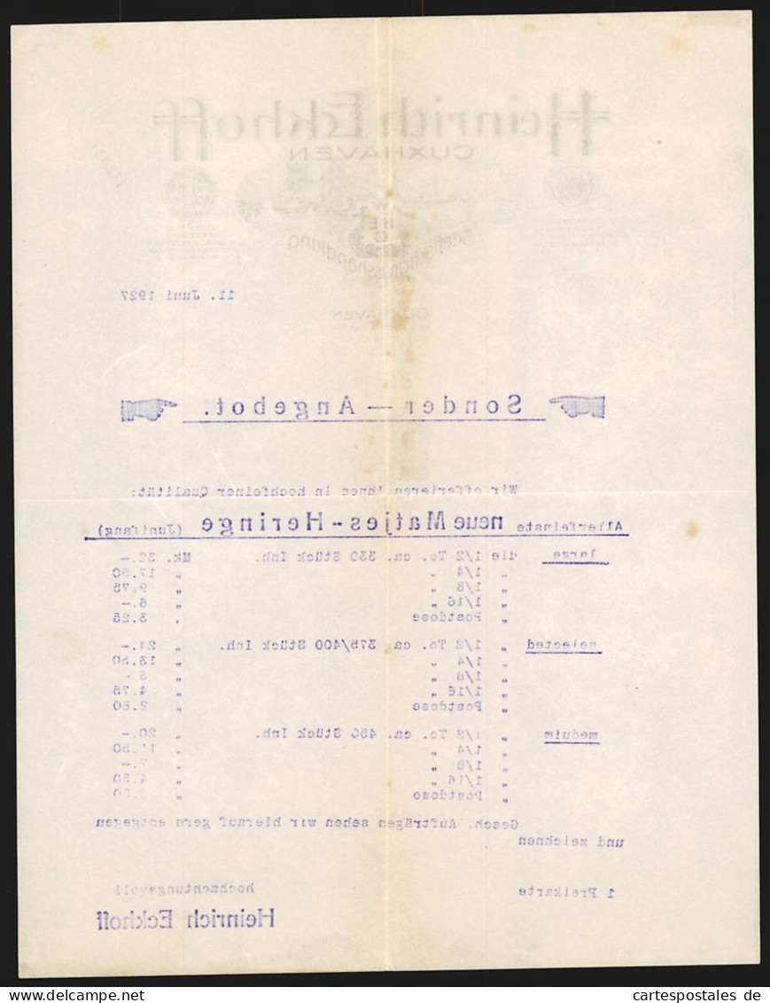 Rechnung Cuxhaven 1927, Heinrich Eckhoff, Seefischgrosshandlung, Firmenlogo, Hafenpartie  - Andere & Zonder Classificatie