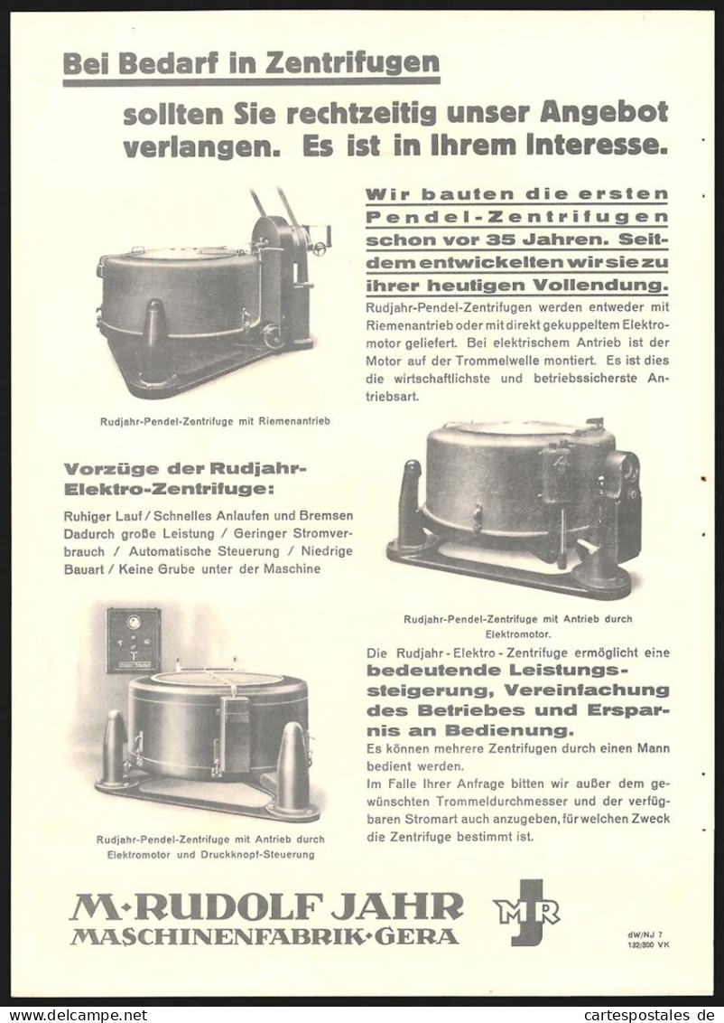 Briefkopf Gera, M. Rudolf Jahr, Maschinenfabrik, Rudjahr-Zentrifugen  - Otros & Sin Clasificación