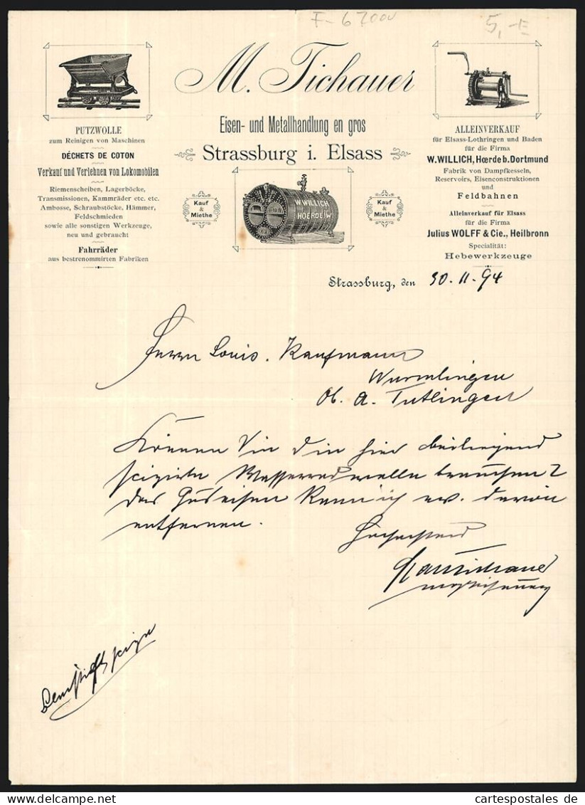Facture Strassburg I. Elsass 1894, M. Tichauer, Eisen- Et Metallhandlung En Gros, Auswahl An Produkten  - Other & Unclassified