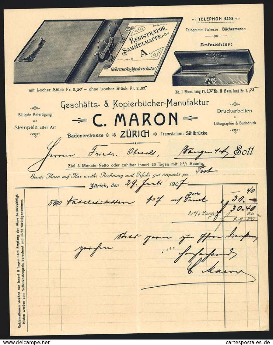 Rechnung Zürich 1907, C. Maron, Geschäfts- & Kopierbücher-Manufaktur, Ansicht Eines Hefters Und Eines Anfeuchters  - Switzerland
