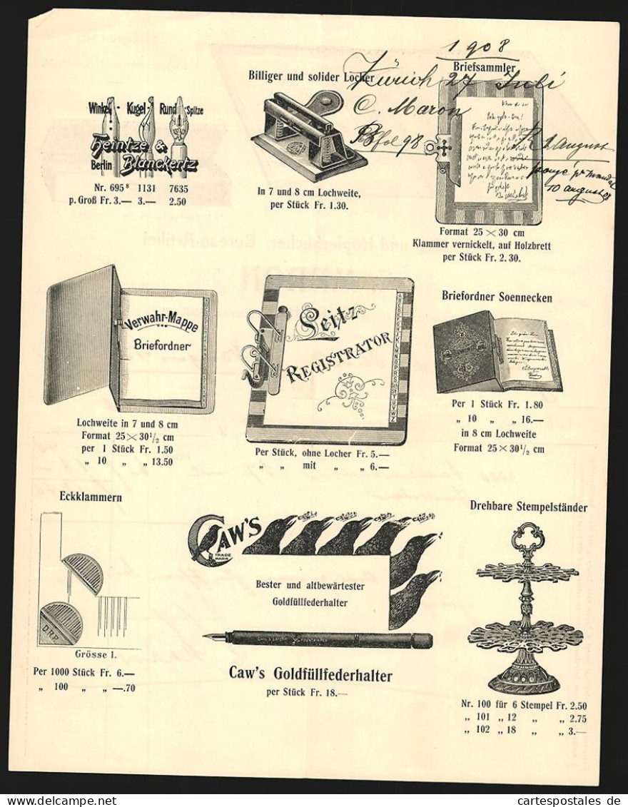 Rechnung Zürich 1908, C. Maron, Geschäfts- & Kopierbücher-Manufaktur, Ansicht Eines Hefters Und Eines Anfeuchters  - Suiza