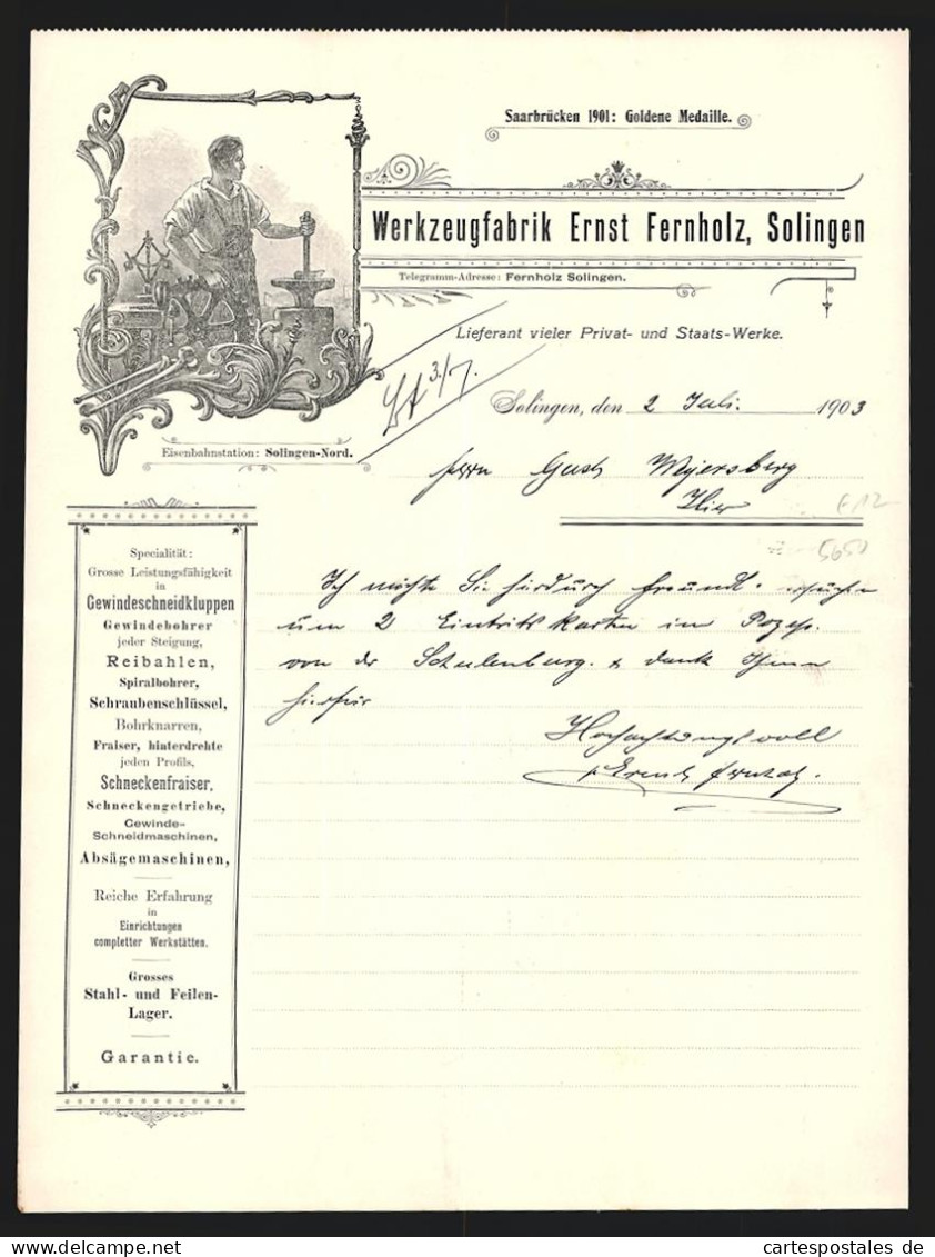 Rechnung Solingen 1903, Ernst Fernholz, Werkzeugfabrik, Metalllarbeiter Mit Hammer Und Amboss  - Autres & Non Classés