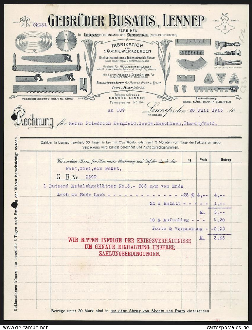 Rechnung Lennep 1915, Gebrüder Busatis, Fabrikation Von Sägen Und Werkzeugen, Auswahl And Produkten  - Sonstige & Ohne Zuordnung