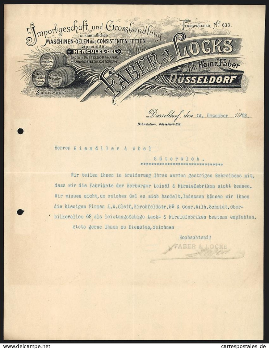 Rechnung Düsseldorf 1903, Faber & Locks, Importgeschäft Und Grosshandlung In Ölen Und Fetten, Schutzmarke Herkules  - Otros & Sin Clasificación