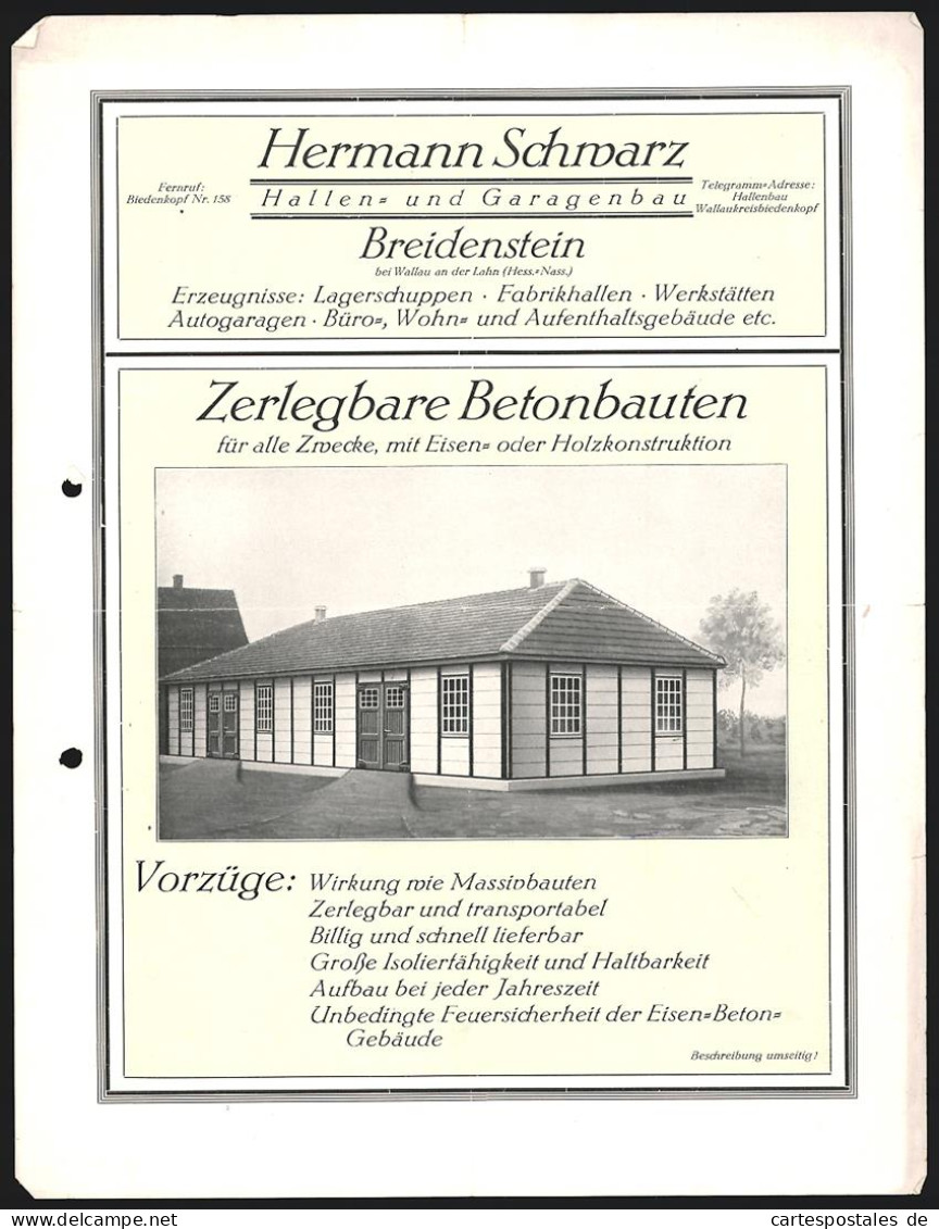 Rechnung Breidenstein, Hermann Schwarz, Hallen- Und Garagenbau, Ansicht Eines Zerlegbaren Betonbaus  - Otros & Sin Clasificación