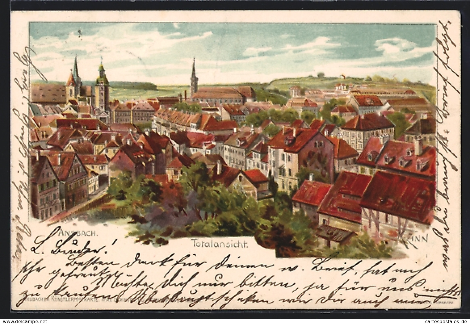 Lithographie Ansbach / Bayern, Totalansicht Mit Kirche  - Ansbach