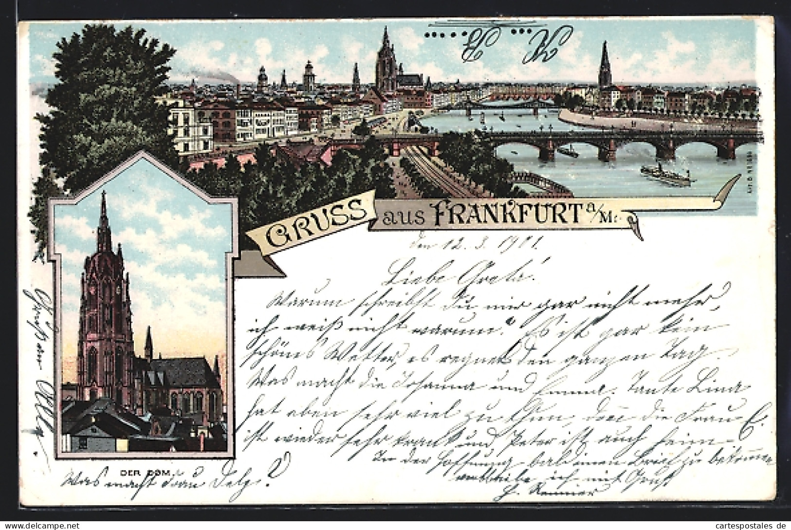 Lithographie Frankfurt A. M., Dom, Ortsansicht Mit Mainbrücken  - Frankfurt A. Main