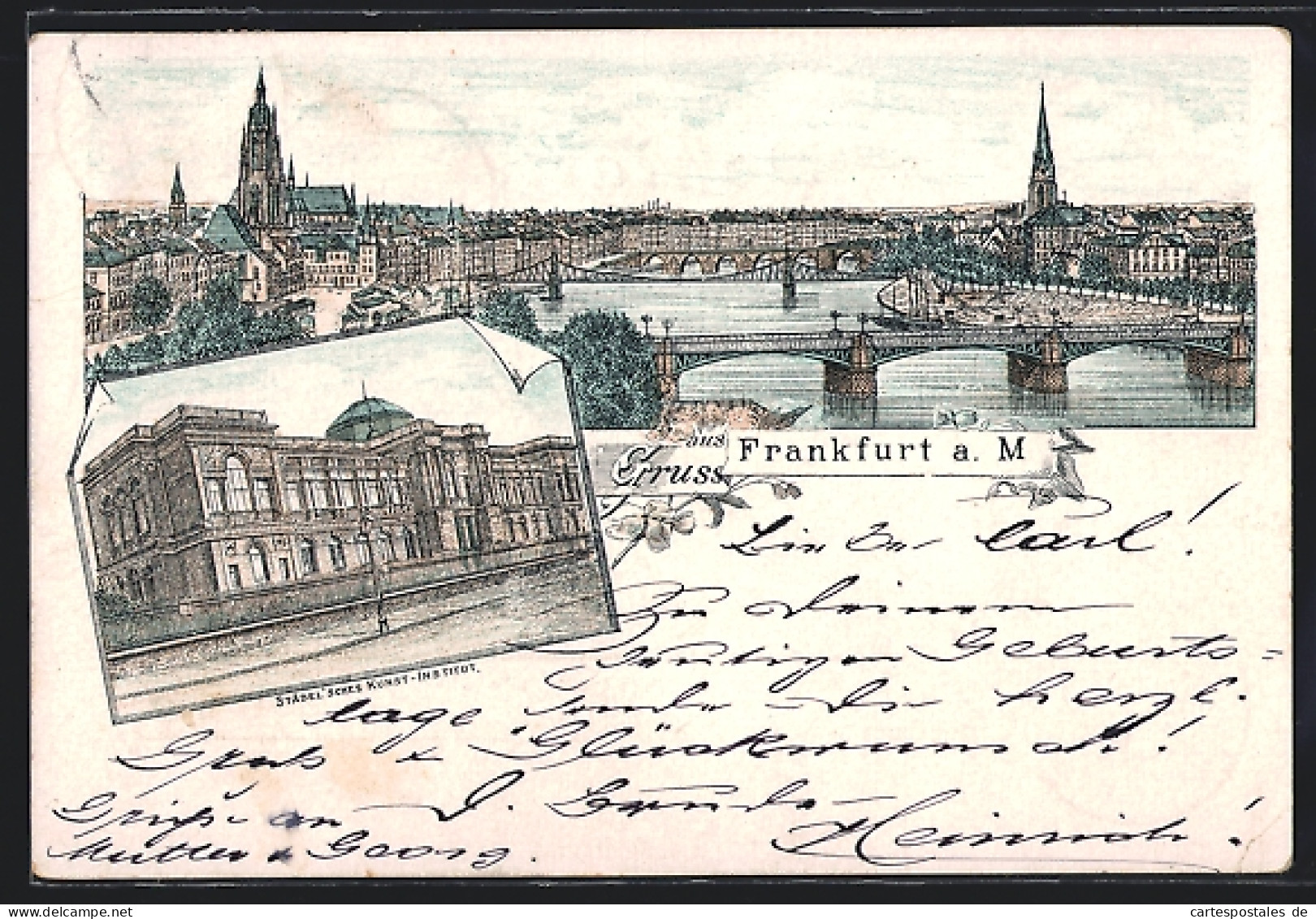 Lithographie Frankfurt A. M., Städelsches Kunst-Institut, Totalansicht Mit Mainbrücken  - Frankfurt A. Main