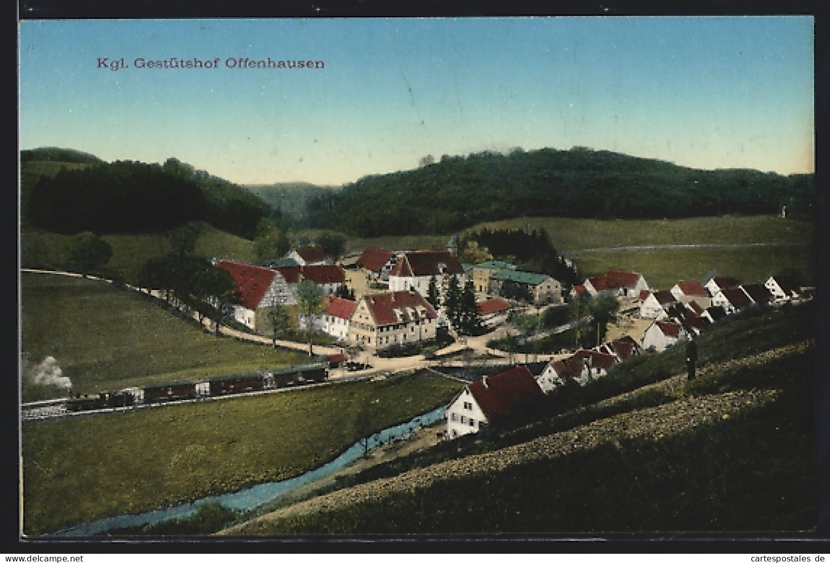 AK Offenhausen / Gestütshof, Ortsansicht Mit Kgl. Gestütshof Und Eisenbahn Aus Der Vogelschau  - Autres & Non Classés