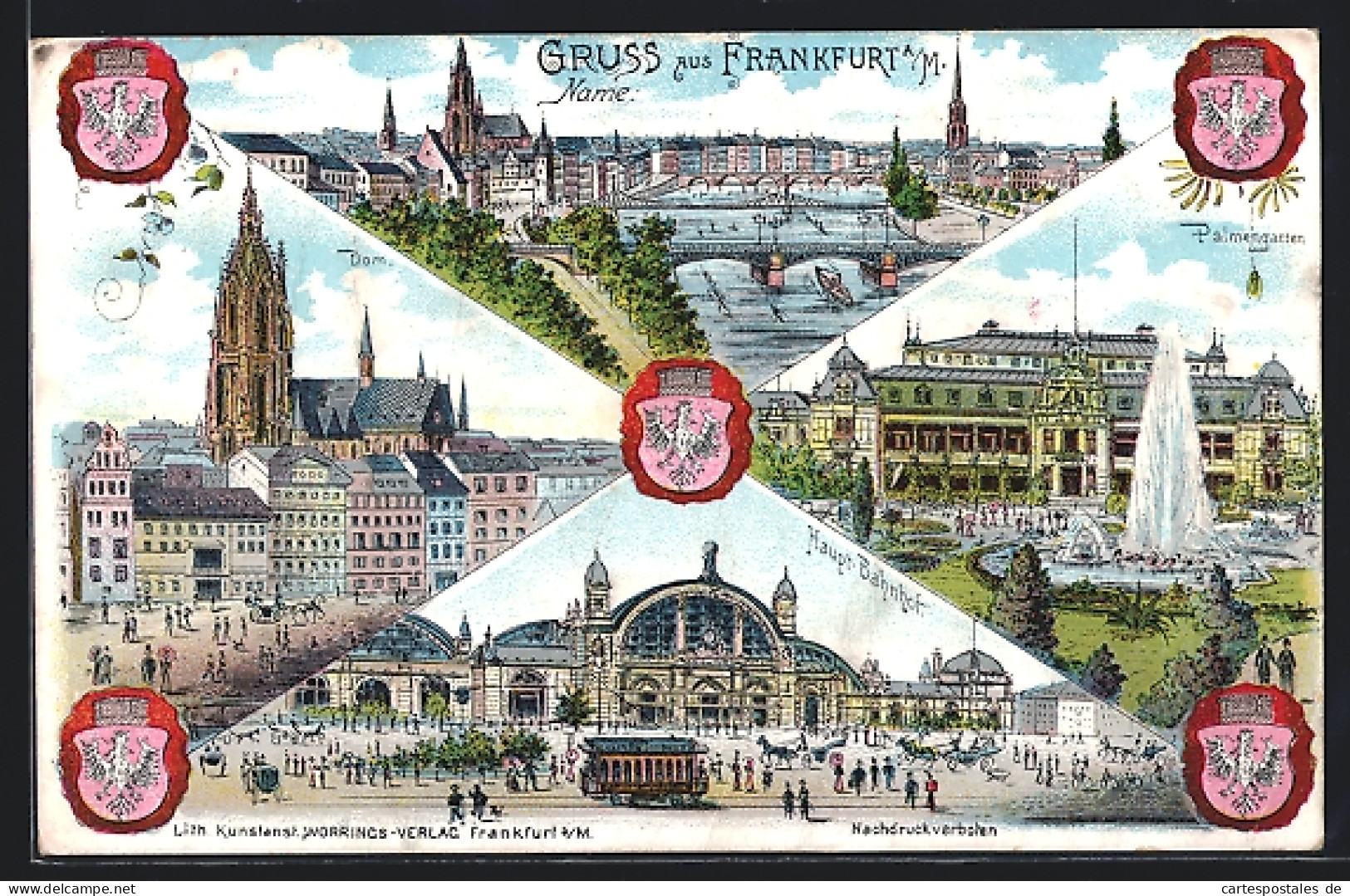 Lithographie Frankfurt, Palmengarten, Dom, Hauptbahnhof Mit Strassenbahn  - Frankfurt A. Main