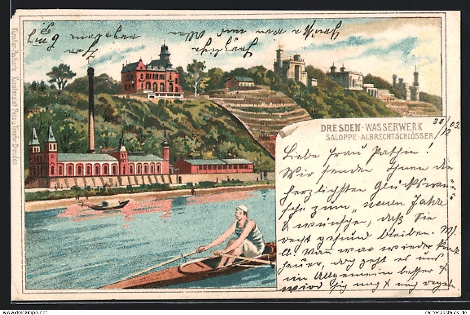 Lithographie Dresden, Wasserwerk Und Saloppe-Albrechtschlösser Mit Ruderboot  - Rowing