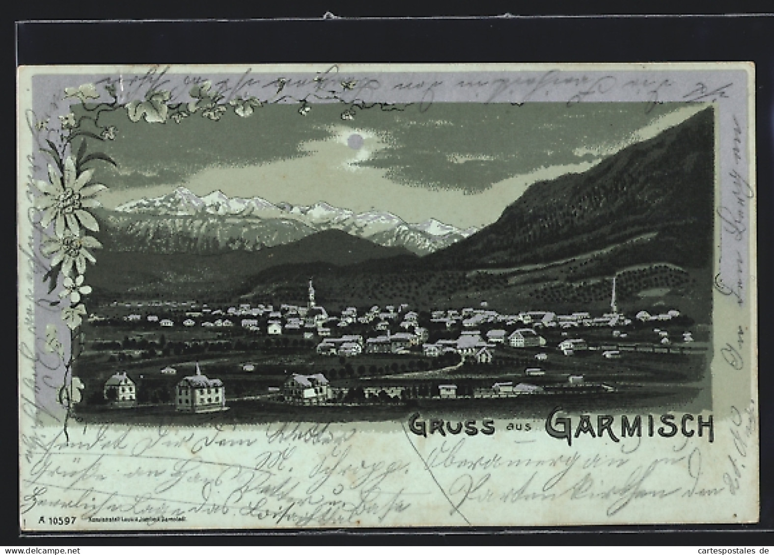 Mondschein-Lithographie Garmisch, Teilansicht Mit Bergen  - Otros & Sin Clasificación