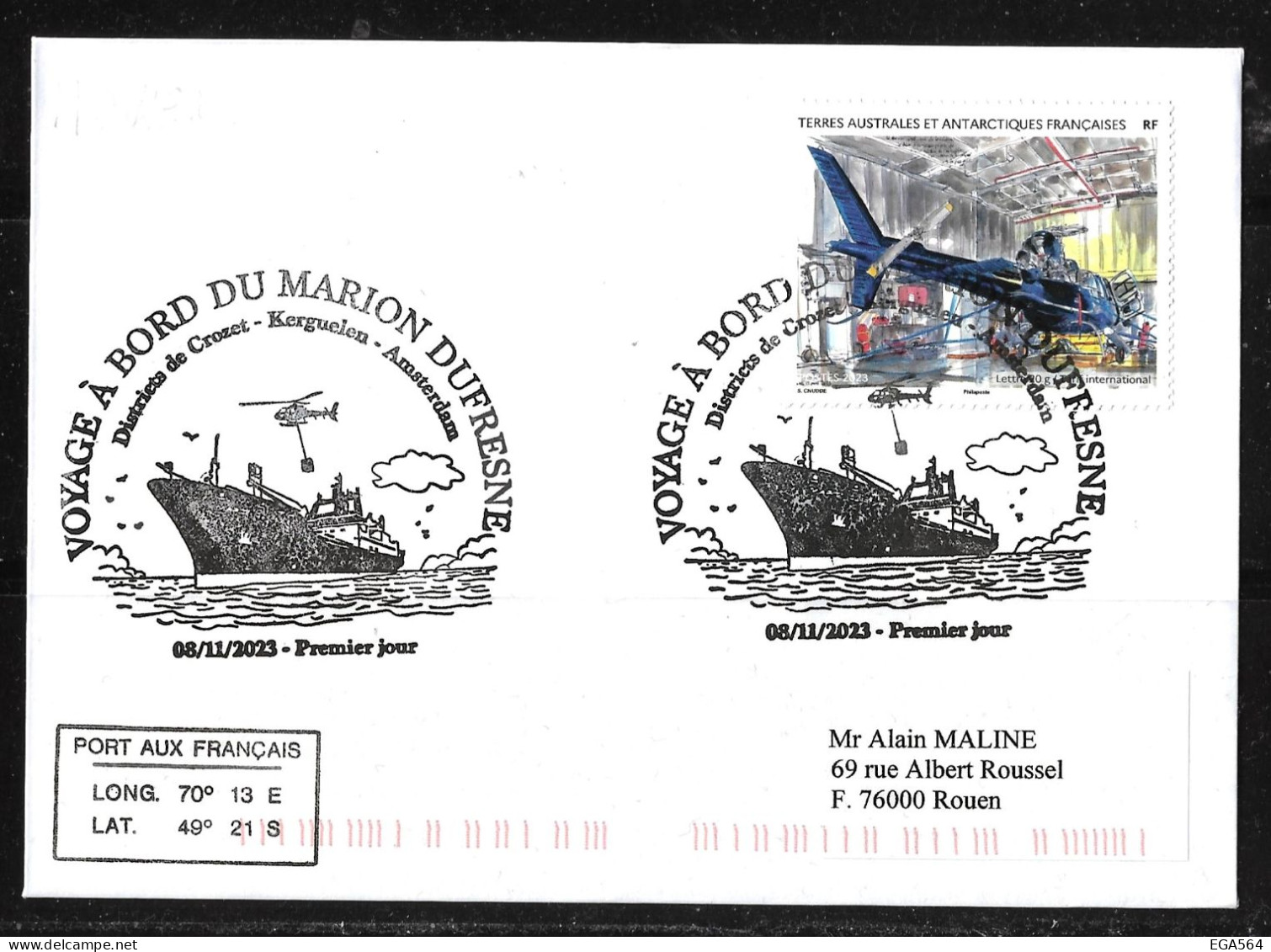 91- Y&T 1053 Hélicoptère Ecureuil  Sur Pli FDC Du 08/11/2023 Kerguelen " Voyage à Bord Du Marion Dufresne." - Cartas & Documentos