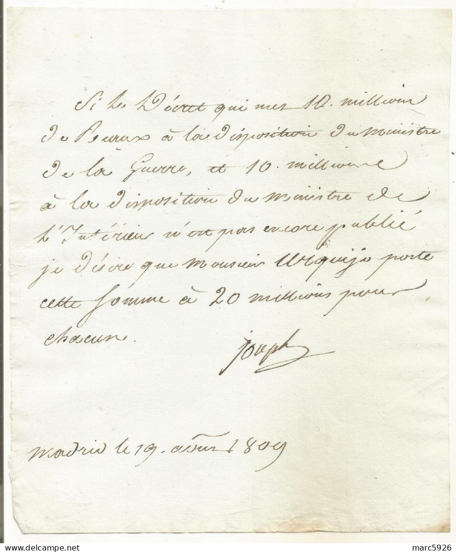 N°2037 ANCIENNE LETTRE DE JOSEPH BONAPARTE A MADRID DATE 1809 - Documents Historiques