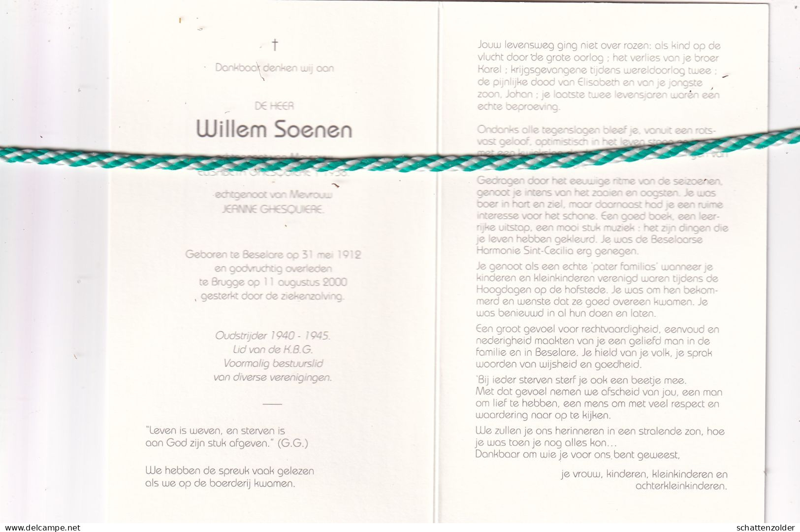 Willem Soenen-Ghesquiere, Beselare 1912, Brugge 2000. Oud-strijder 40-45, Foto Tekening - Décès