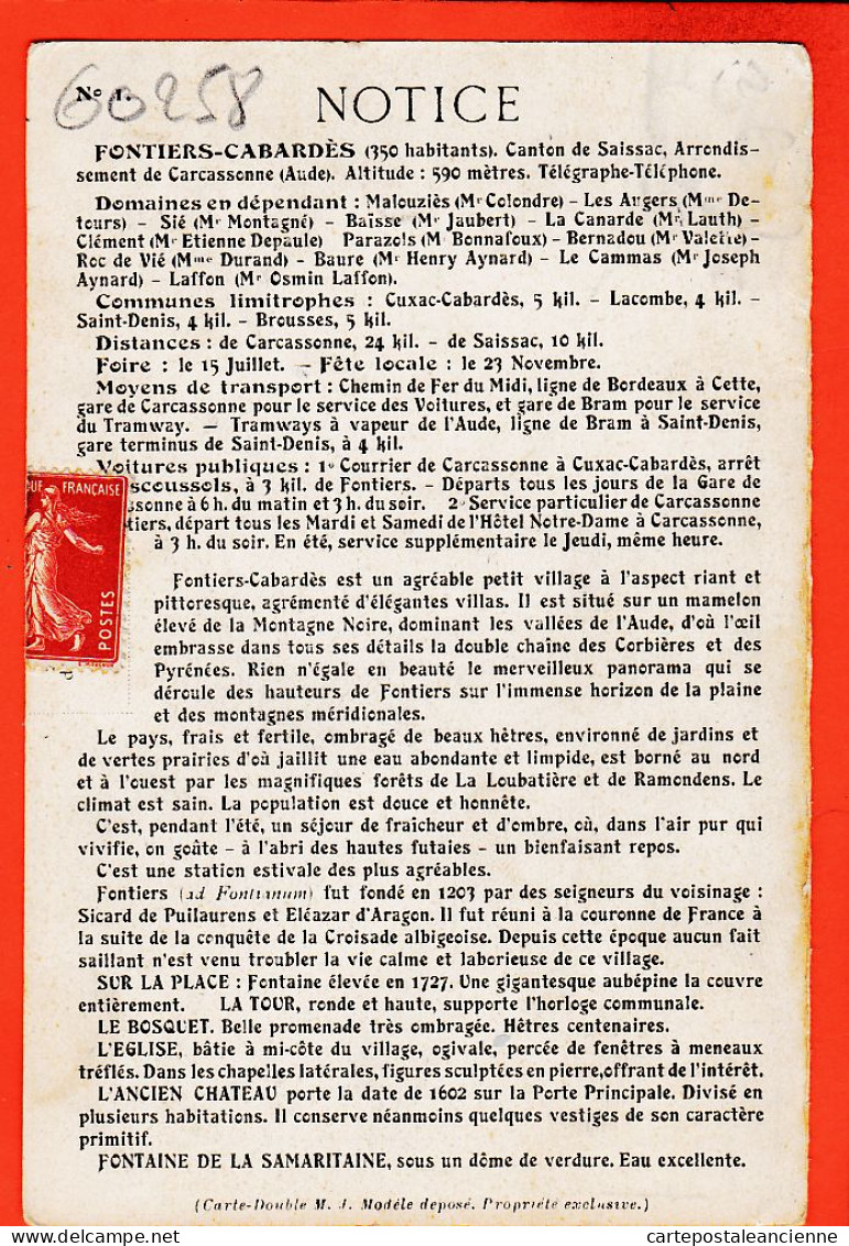 01979 / FONTIERS-CABARDES 350 Habitants  11-Aude Hotel-Café CAUQUIL Et Tour Horloge Notice 1910s - Autres & Non Classés
