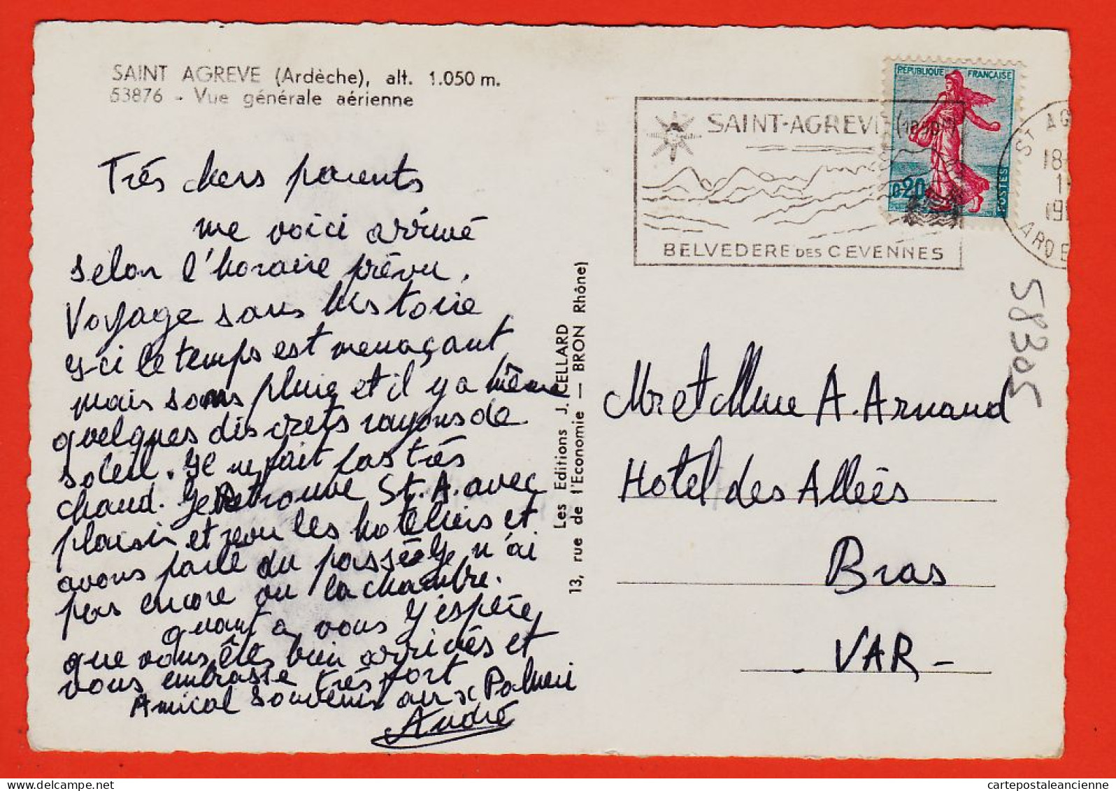 01827 / ⭐ ♥️  SAINT-AGREVE St 07-Ardèche ◉ Vue Generale Aérienne 1960 à ARNAUD Hotel Allées Bras ◉ Bromure CELLARD 53876 - Saint Agrève