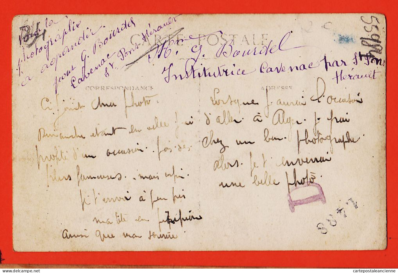 01748 / Carte Photo ALGERIE Soldat 3e Ou 5e Régiment Artillerie Pour BOURDEL Institutrice Cavenac Par Saint-Pons - Mannen