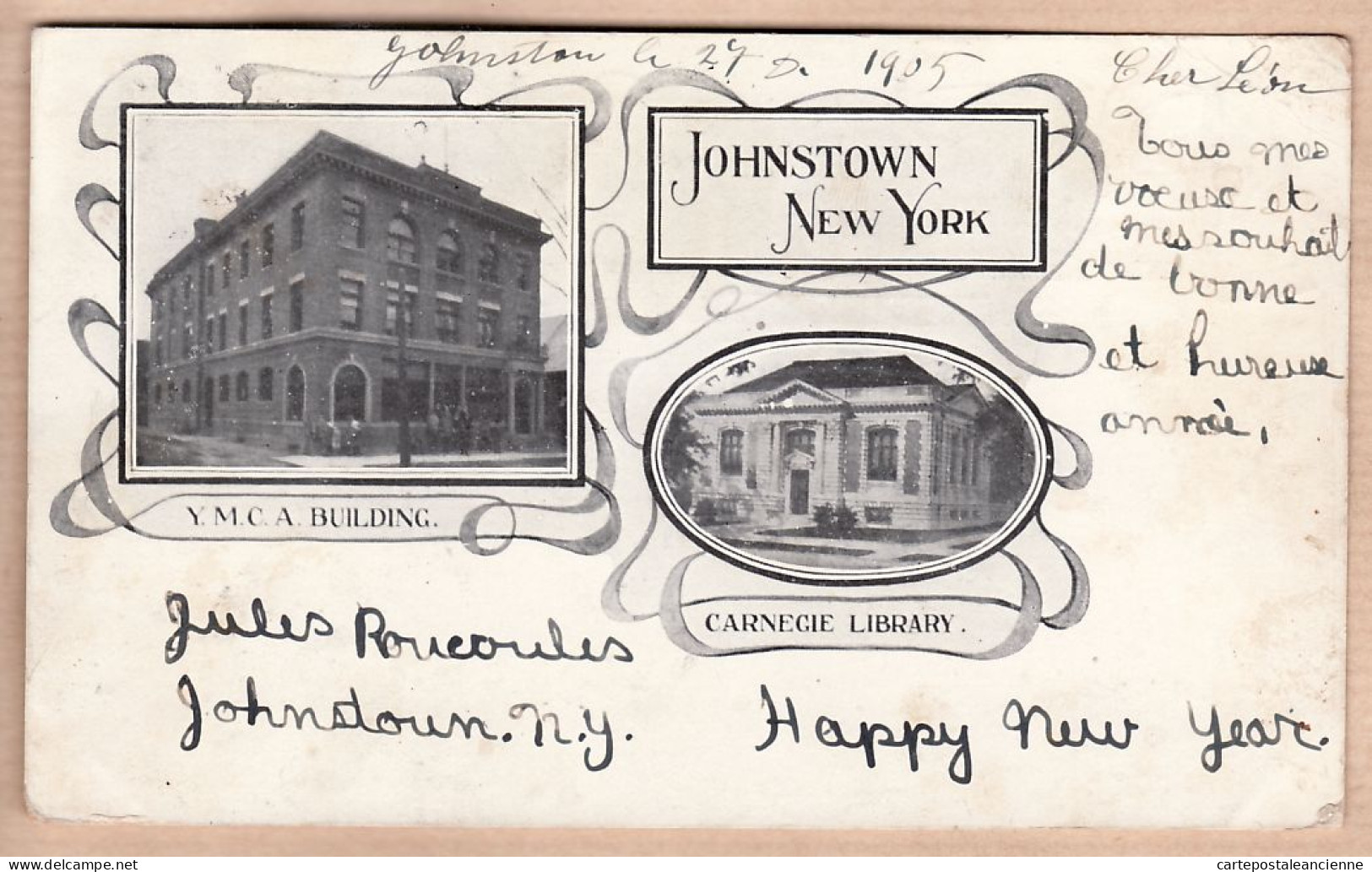 01675 / ♥️ ⭐ JOHNSTOWN NY-New-York CARNEGIE Library & YMCA Building 1907 Happy New Year CASSOLY Cervolles Perpignan - Andere & Zonder Classificatie