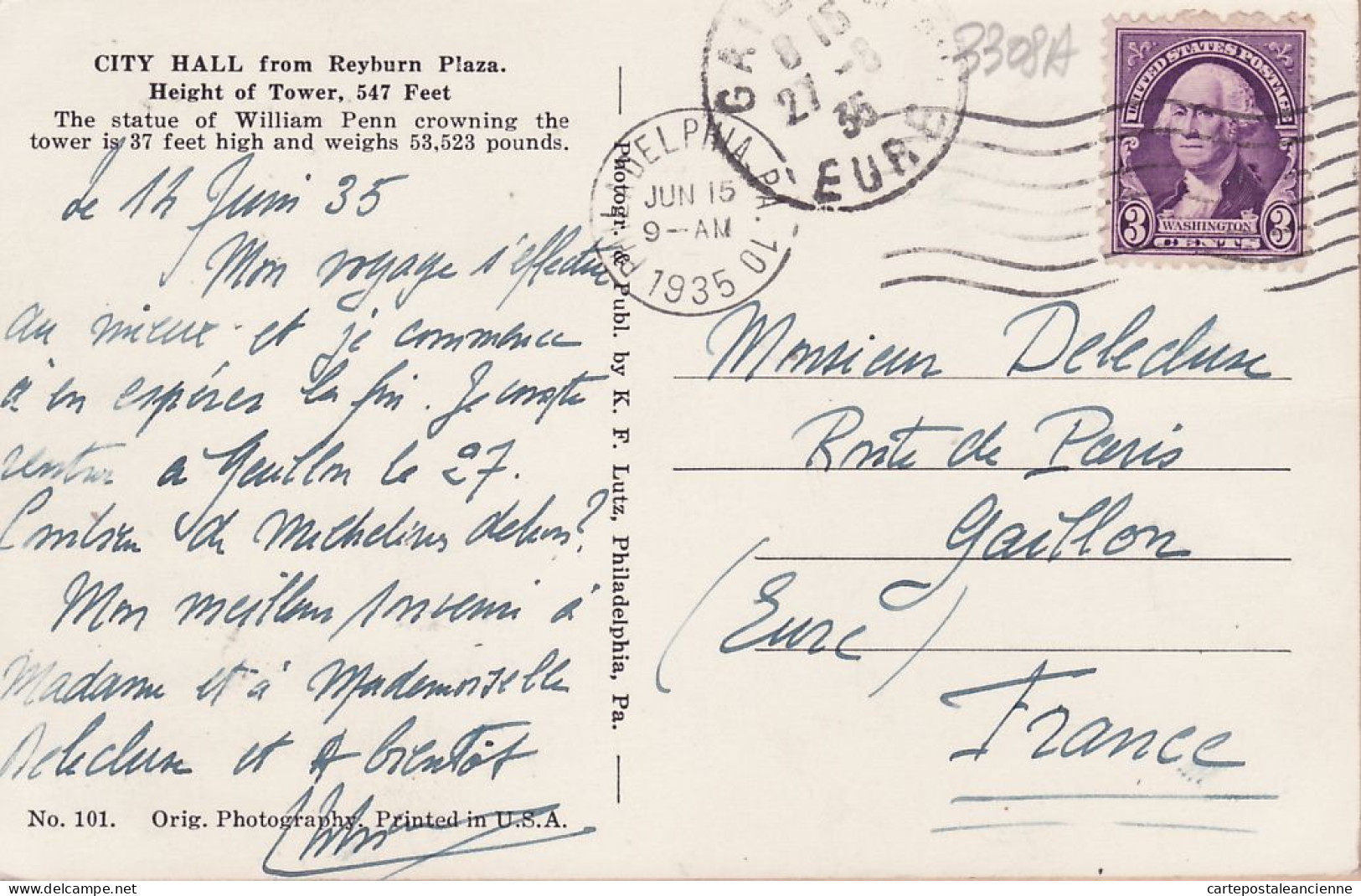 01673 / PHILADELPHIA Pennsylvania  City Hall LINCOLN Liberty Building GIRARD TRUST Co 1935 à DELECLUSE Gallon Eure - Philadelphia