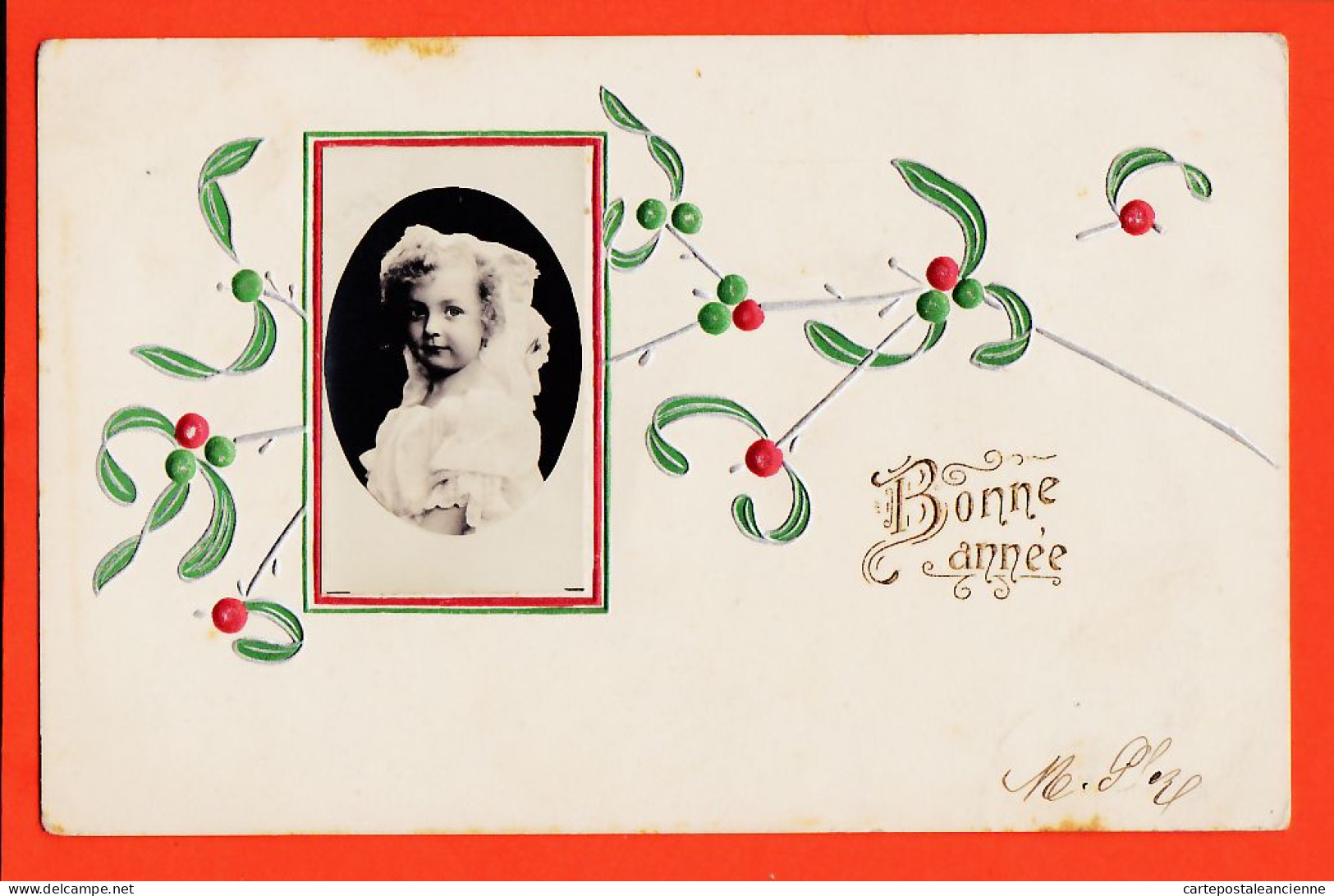 01584 / Carte Relief BONNE ANNEE Ajouti Véritable Photographie Fillette Endimanchée  Décor Gui 1904  G.B Paris  - New Year