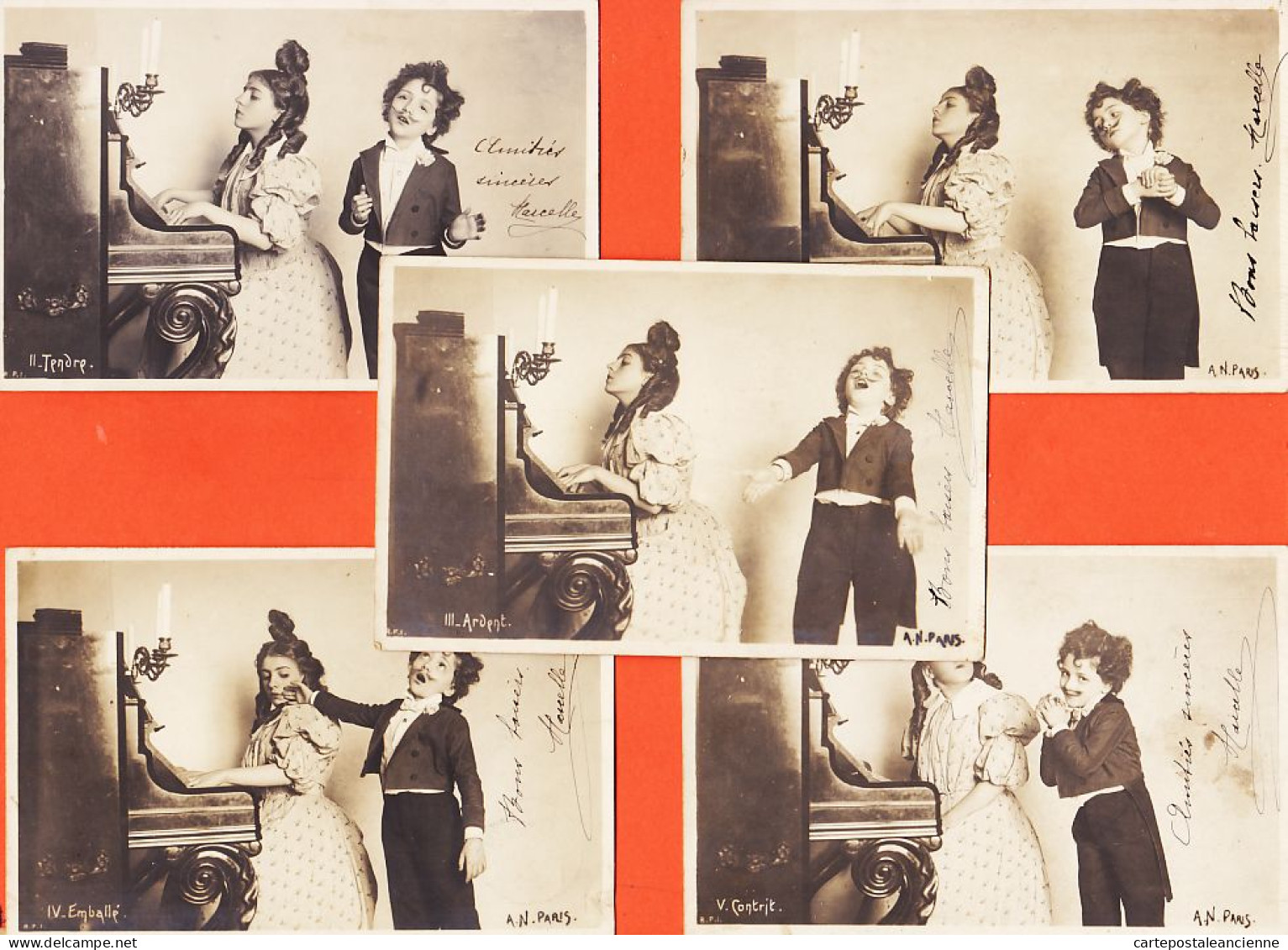 01578 / ♥️ ⭐ Jeu Piano Couple Enfant Série Complète 5 Carte-Photo 1903- DEFAYE Grand-Hotel Commerce Fosse Marennes A.N - Paare