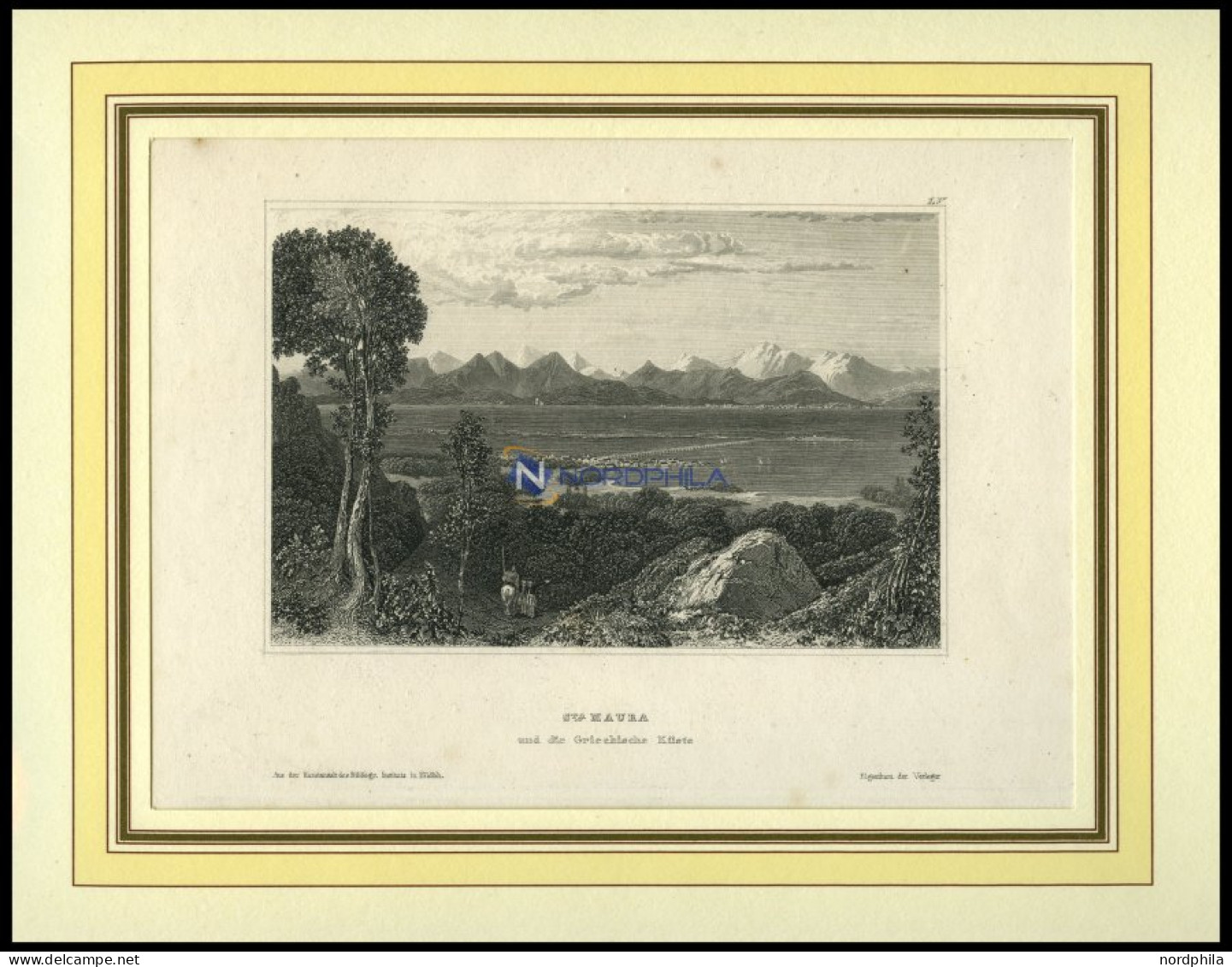 ST.MAURA Und Die Griechische Küste, Stahlstich Von B.I. Um 1840 - Lithografieën