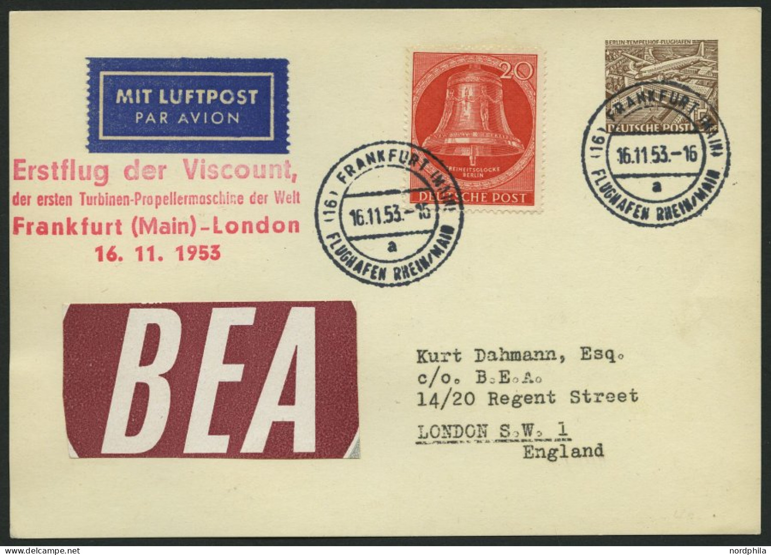 ERST-UND ERÖFFNUNGSFLÜGE 2455 BRIEF, 16.11.53, Frankfurt-London, 15 Pf. Berlin Privat-Ganzsachenkarte Mit Mi.Nr. 103 Zus - Storia Postale