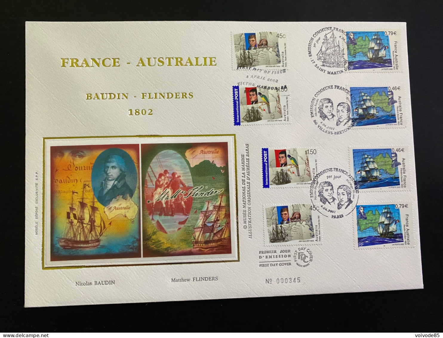 Enveloppe 1er Jour GF Soie "France Australie" - 04/04/2002 - 3476/3477 - Nicolas Baudin - Matthew Flinders - 2000-2009