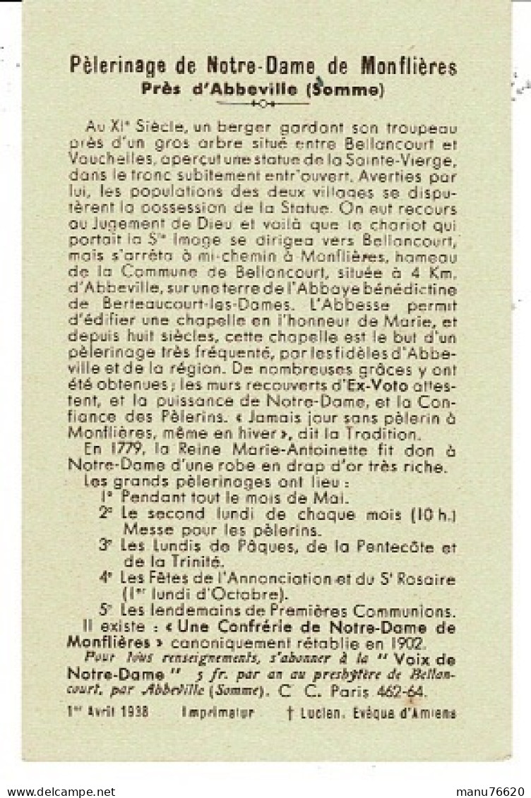 IMAGE RELIGIEUSE - CANIVET : Invocation , O Notre-dame De Monflières , Somme - France . - Religión & Esoterismo