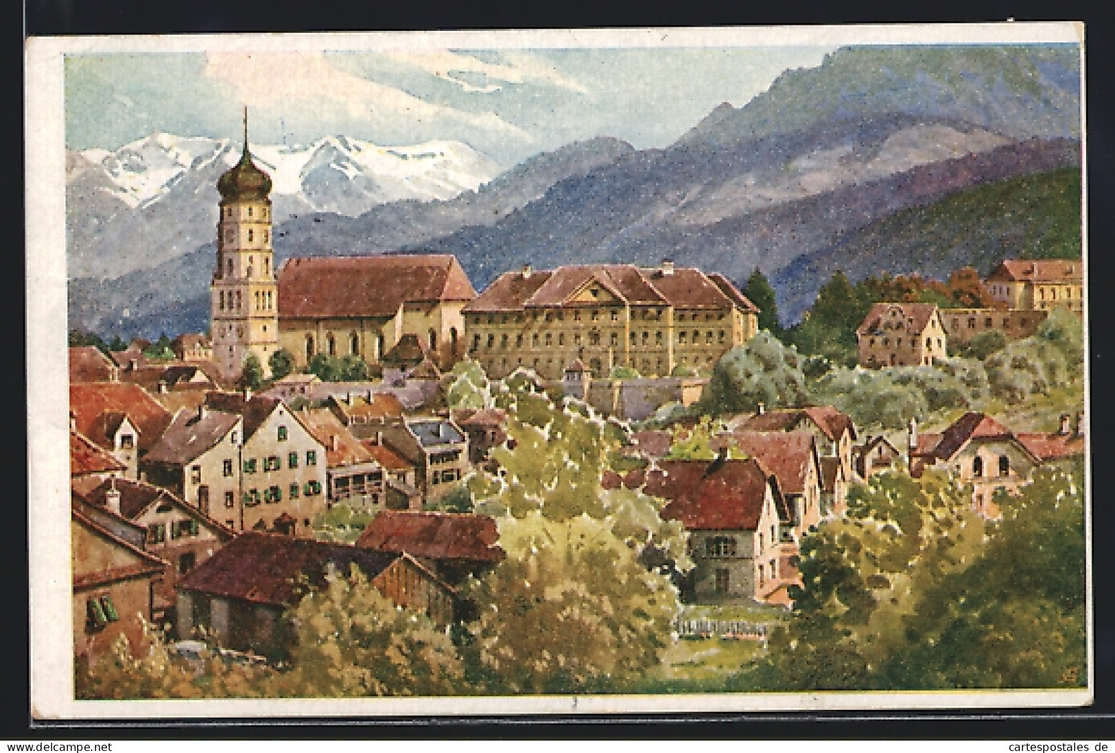 Künstler-AK Bludenz, Ortsansicht Mit Kirche Und Bergblick  - Andere & Zonder Classificatie