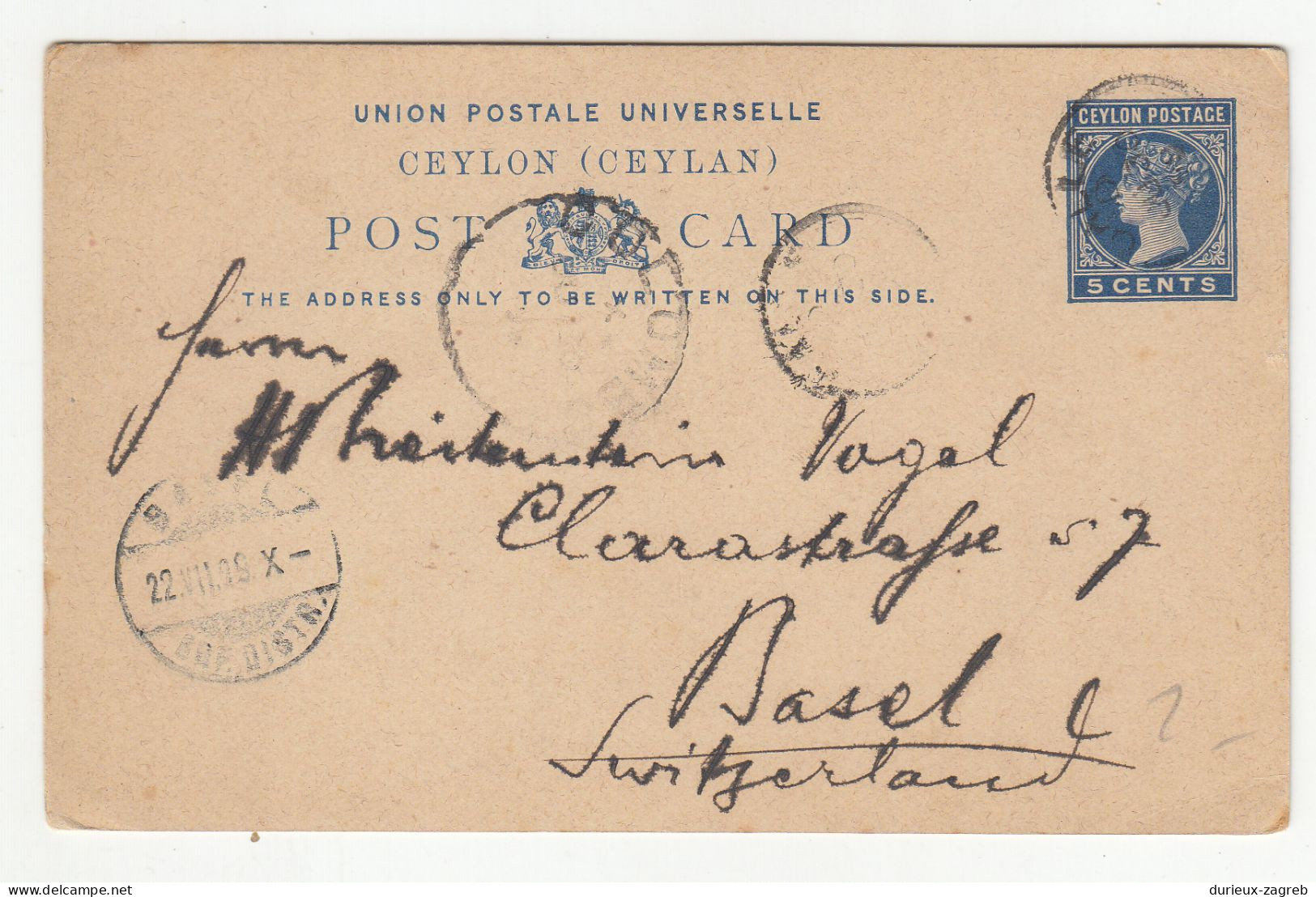 Ceylon Old QV UPU Postal Stationery Postcard Posted To Switzerland B240510 - Ceylan (...-1947)