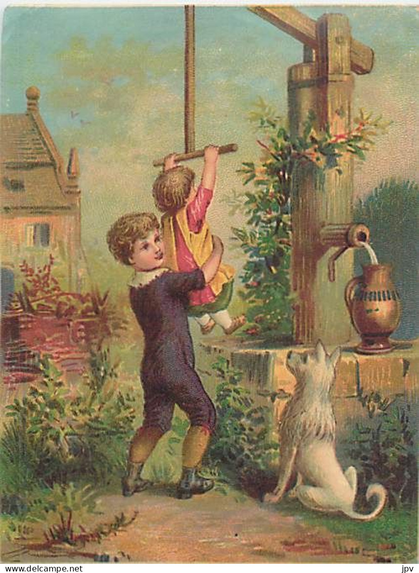 Véritable Chromolithographie : ENFANTS JOUANT AU PUITS - Andere & Zonder Classificatie