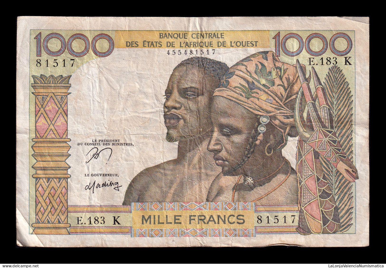 West African St. Senegal 1000 Francs ND (1959-1965) Pick 703Kn Bc/Mbc F/Vf - États D'Afrique De L'Ouest
