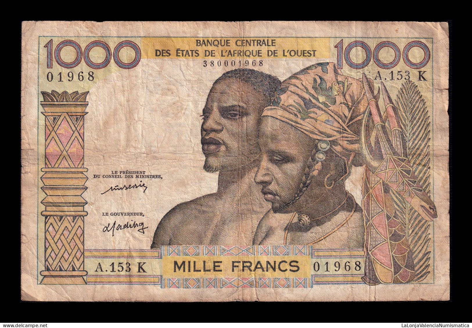 West African St. Senegal 1000 Francs ND (1959-1965) Pick 703Km Bc/Mbc F/Vf - États D'Afrique De L'Ouest