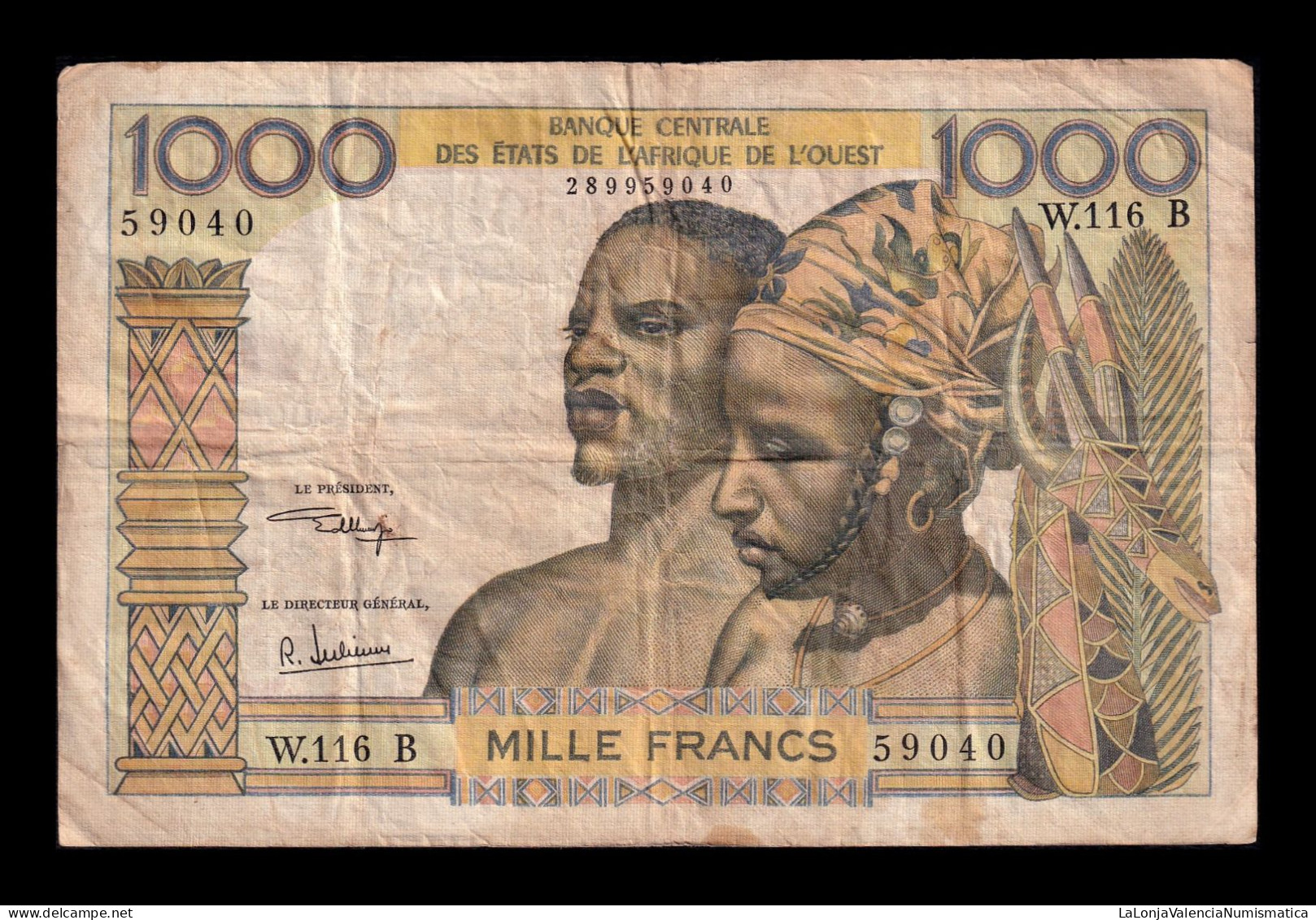 West African St. Benin 1000 Francs ND (1959-1965) Pick 203Bk Bc/Mbc F/Vf - Estados De Africa Occidental